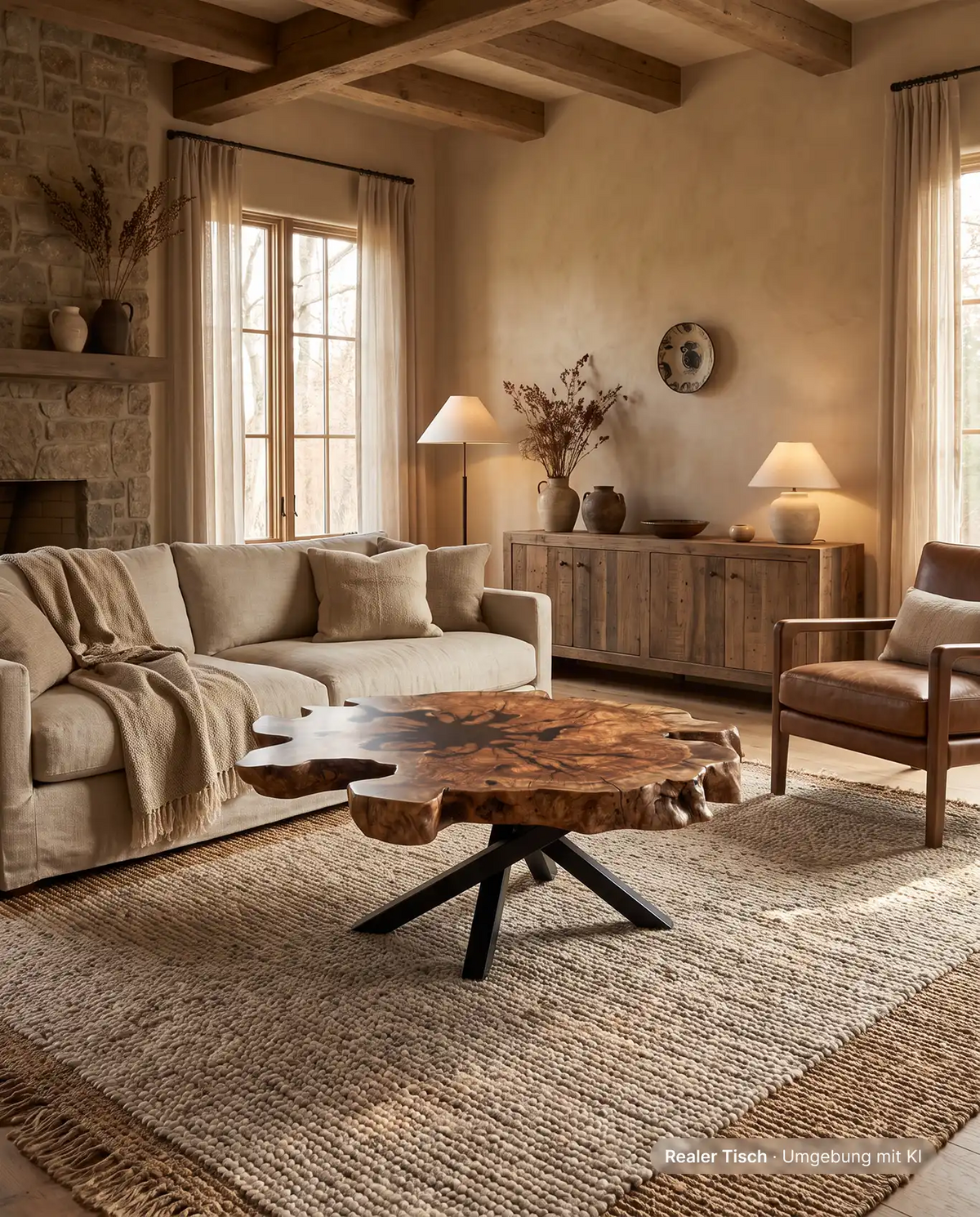 Couchtisch aus Olivenholz mit Baumkante