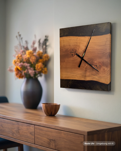 Eckige Wanduhr aus Nussbaum mit schwarzem Epoxidharz