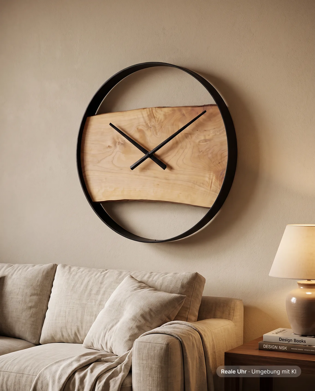 Runde Wanduhr aus Esche mit Stahlrahmen