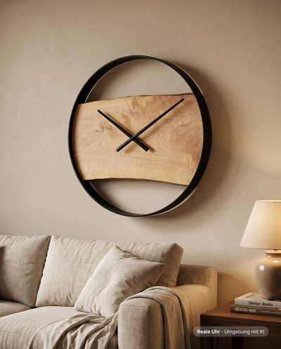 Runde Wanduhr aus Esche mit Stahlrahmen