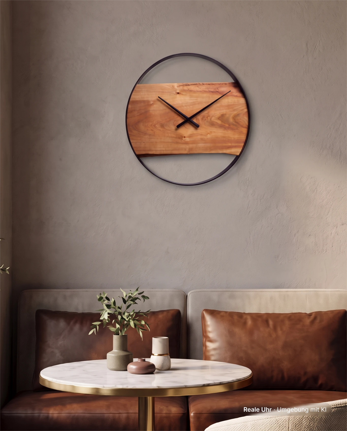 Runde Wanduhr aus Kirschenholz mit Metallrahmen