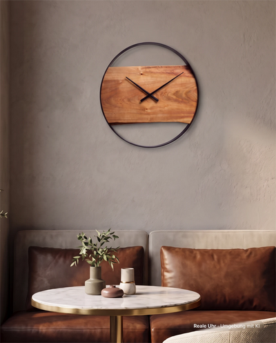 Runde Wanduhr aus Kirschenholz mit Metallrahmen