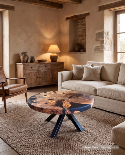 Couchtisch aus Olivenholz mit schwarzem Epoxidharz